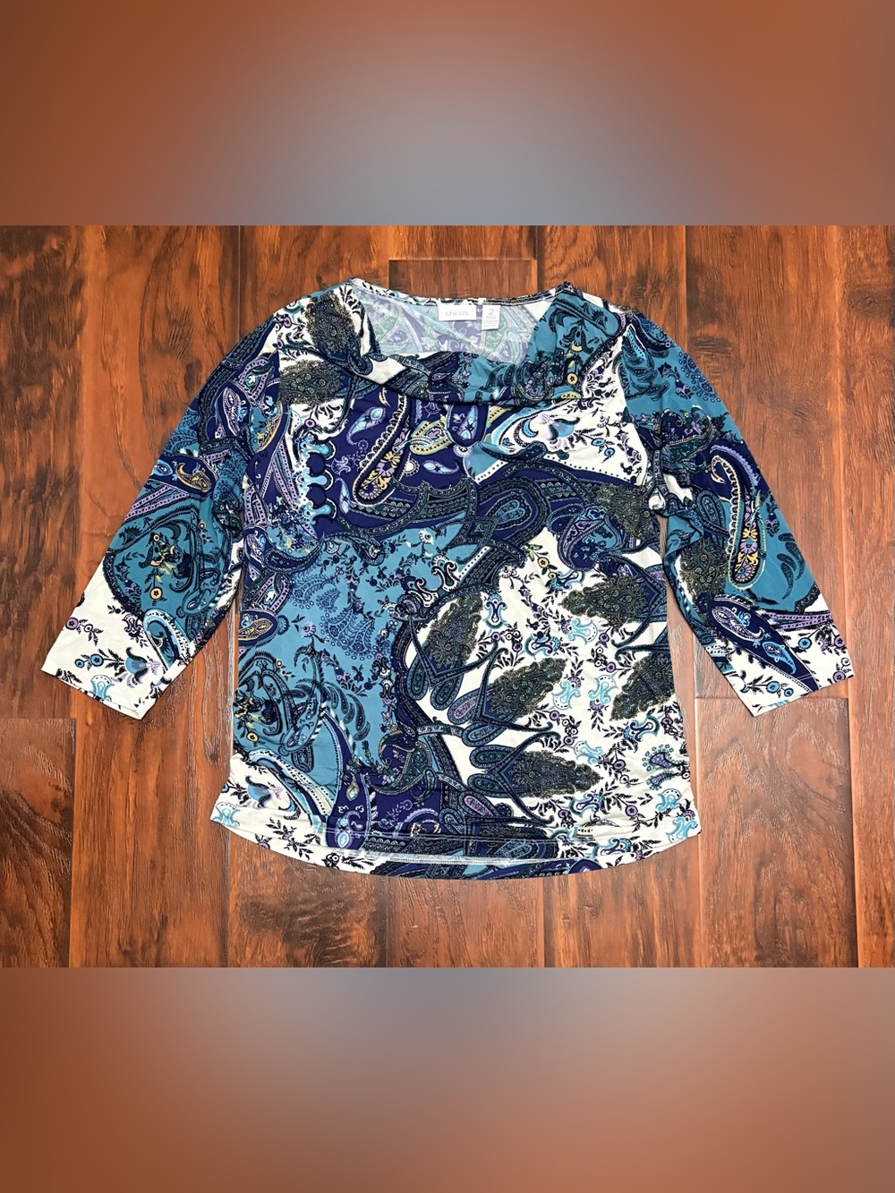Chico’s Size 2 Large Blue Paisley Cowl Neck 3/4 Sleeve Stretch Blouse